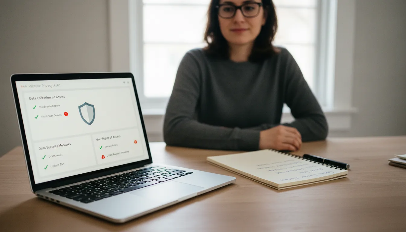DSGVO-Check Tool auf Laptop mit Datenschutz-Pruefergebnissen