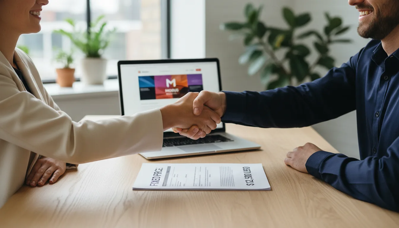 Handschlag ueber ein Website-Festpreis-Angebot mit klarem Preis