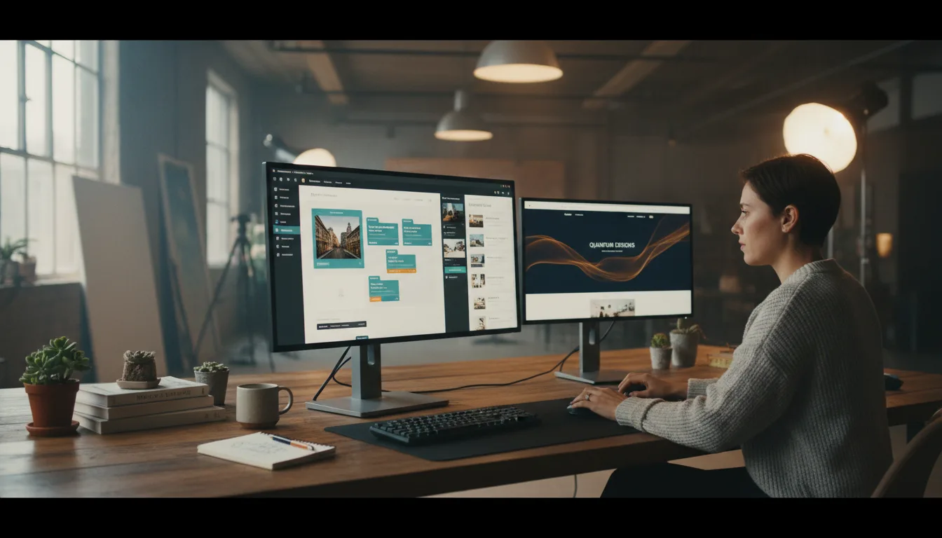 Designer-Arbeitsplatz mit KI-Code-Editor und fertiger Website auf zwei Monitoren