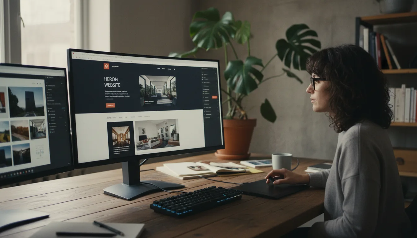 Designer arbeitet an professionellem Webdesign mit Dual-Monitor-Setup