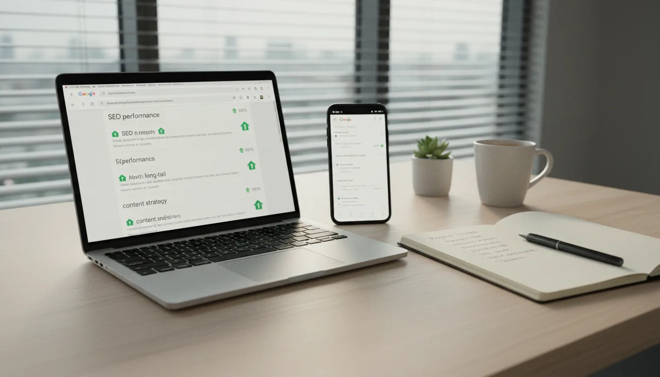 Monitor mit Google-Ranking-Positionen und aufwaerts zeigenden SEO-Trends