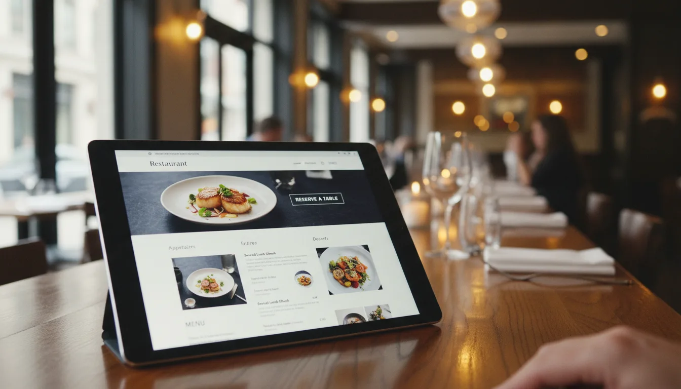 Tablet zeigt Restaurant-Website mit Speisekarte in gemuetlichem Restaurant-Ambiente