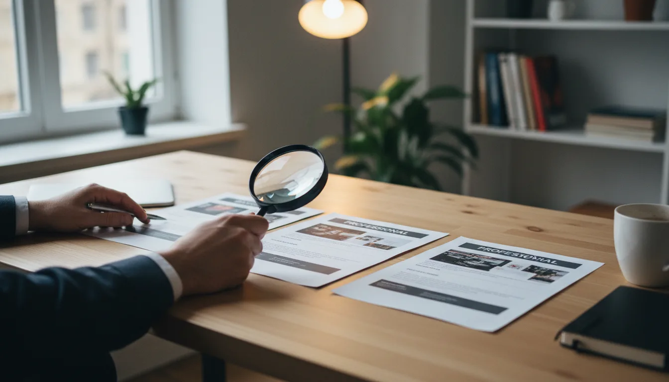 Webdesign-Preislisten und Vergleichstabelle auf einem Schreibtisch