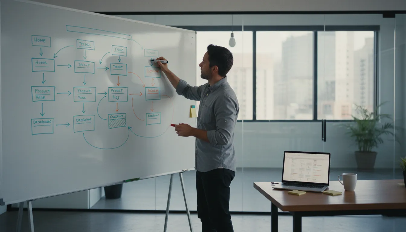 Website Konzeption: UX-Strategin skizziert Seitenstruktur am Whiteboard