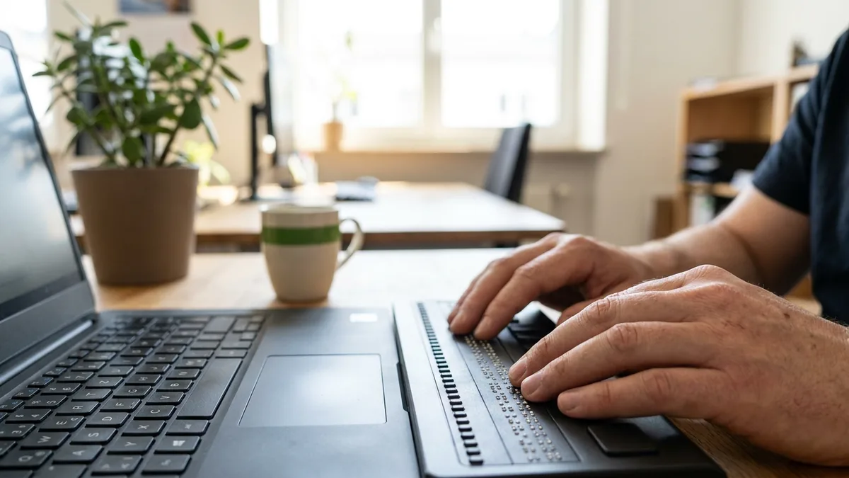Hände auf einer Braillezeile vor einem Laptop beim Testen einer Website