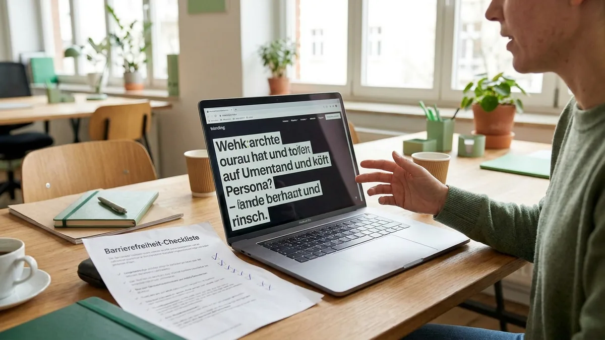 Website im Kontrast-Modus neben einer Prüf-Checkliste auf Papier