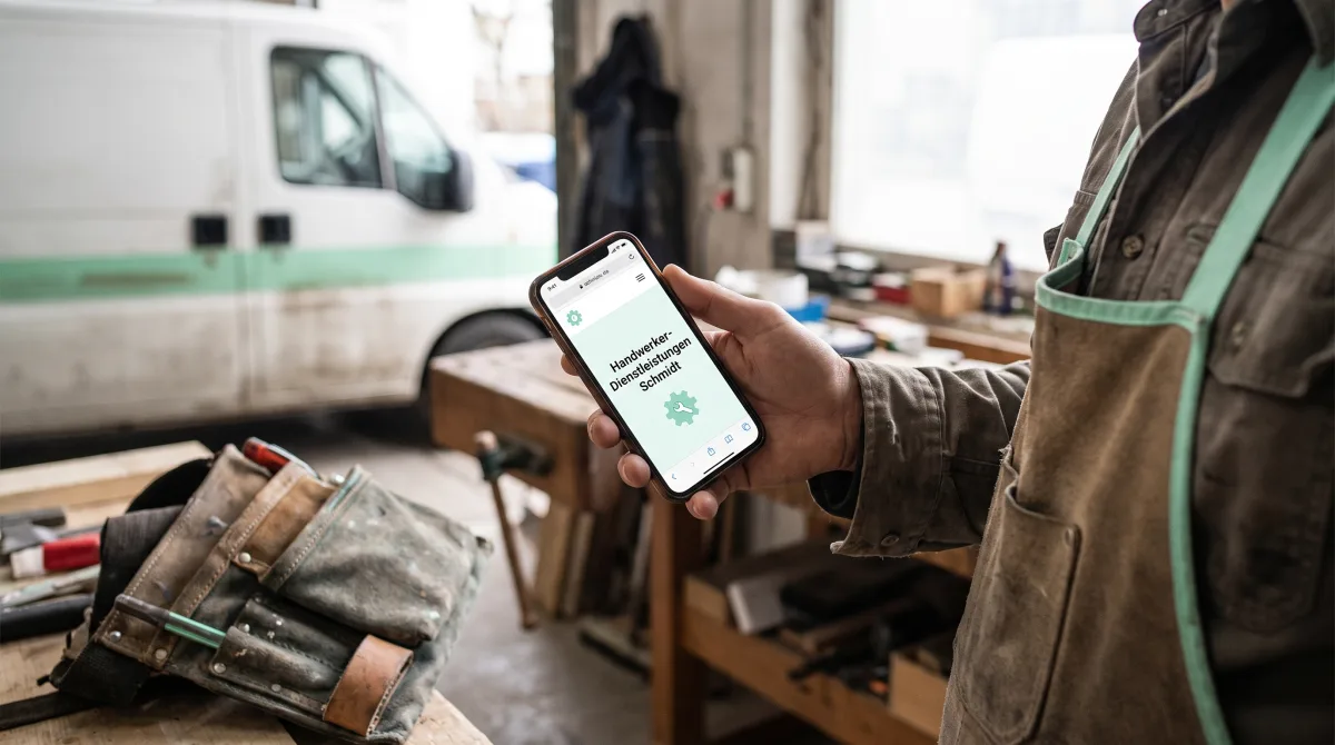 Handwerker zeigt auf dem Smartphone seine professionelle Website auf der Baustelle