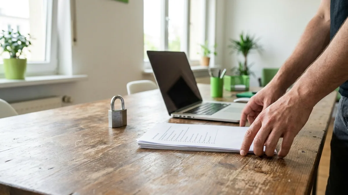 Vorhängeschloss und Datenschutz-Checkliste neben einem Laptop