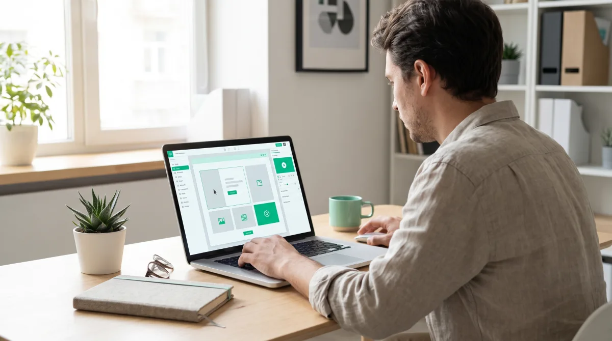 Person baut auf dem Laptop eine Website mit einem KI-Website-Builder per Baustein-Oberfläche