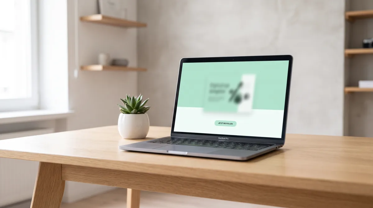 Fokussierte Landingpage auf einem Laptop auf einem aufgeräumten Schreibtisch