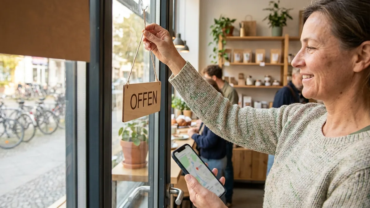 Ladenbesitzer öffnet sein Geschäft und prüft die Karten-App