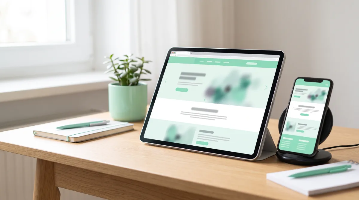 One-Pager-Website auf Tablet und Smartphone auf einem minimalistischen Schreibtisch