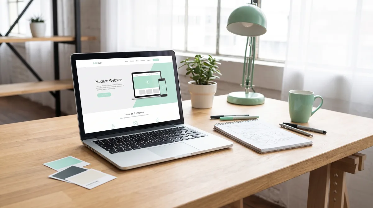 Arbeitsplatz eines Webdesigners mit Laptop, Farbmustern und Wireframe-Skizze für professionelles Webdesign