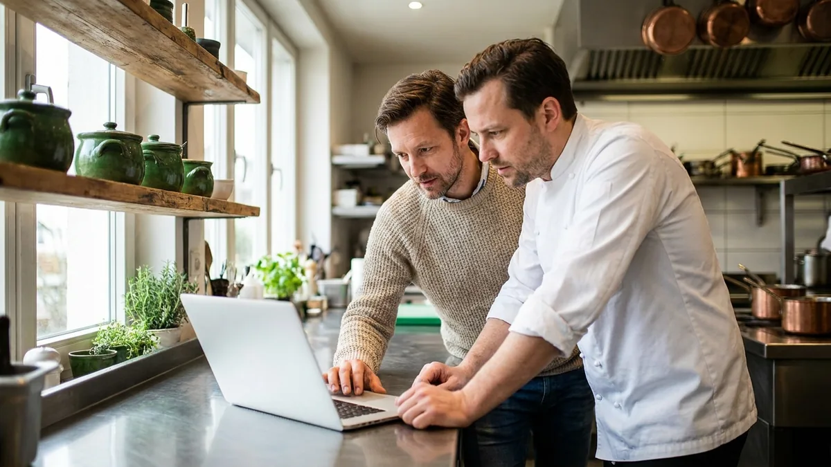 Küchenchef und Inhaberin besprechen die neue Restaurant-Website am Laptop