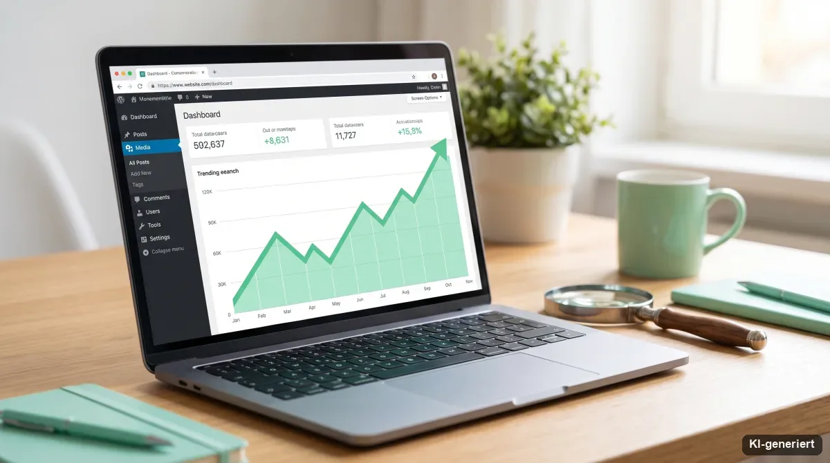 Laptop mit Website und steigender Ranking-Kurve als Sinnbild für SEO-Webdesign