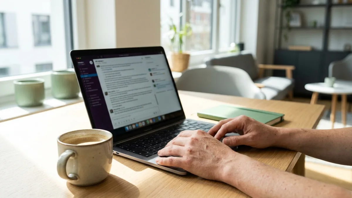 Laptop mit einer KI-Chat-Antwort auf einem hellen Schreibtisch