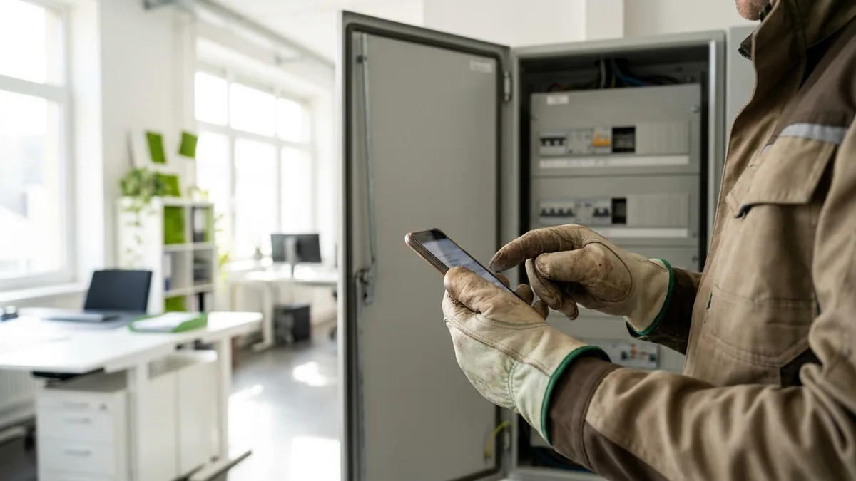 Elektriker prüft unterwegs eine Kundenanfrage auf dem Smartphone