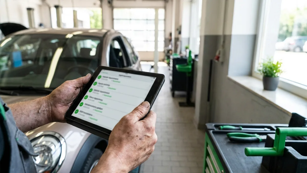 Kfz-Mechaniker prüft die Online-Terminliste der Werkstatt am Tablet