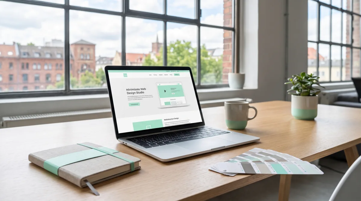 Webdesigner-Arbeitsplatz mit Laptop und Stadtblick als Sinnbild für regionale Webdesign Preise