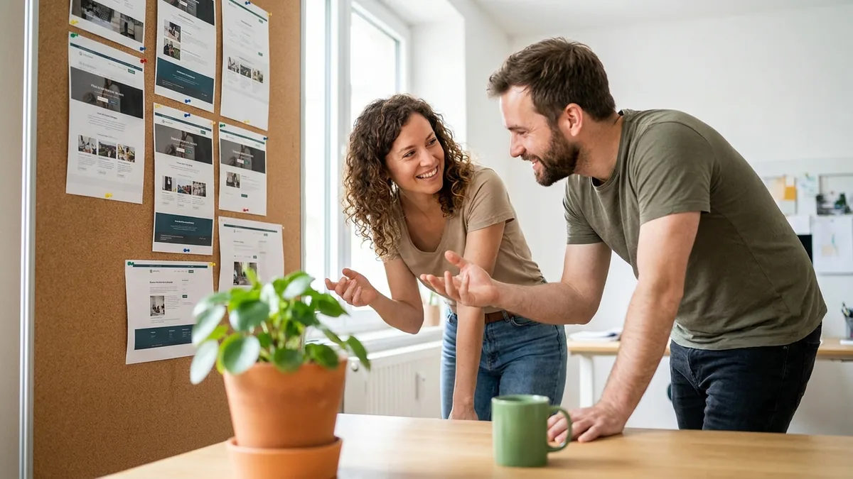 Zwei Personen vergleichen ausgedruckte Website-Referenzen an einer Wand