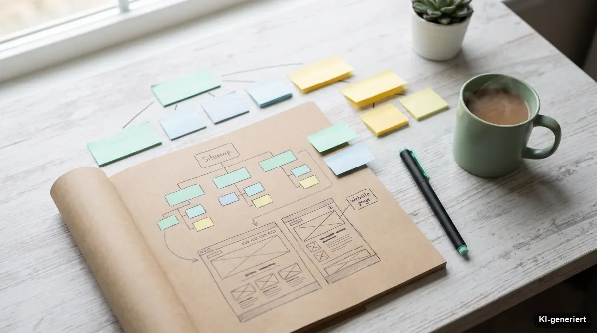 Flatlay mit Sitemap-Skizzen, Notizzetteln und Stift zur Website-Konzeption