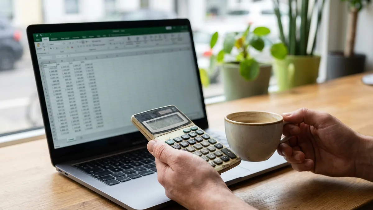 Taschenrechner und Laptop mit Preisübersicht beim Kalkulieren der Website-Kosten