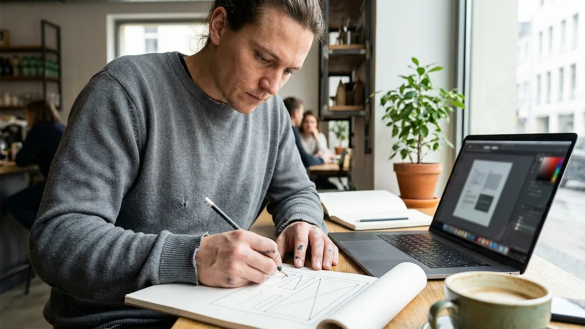 Layout-Skizze auf Papier neben einem Laptop mit Design-Werkzeug