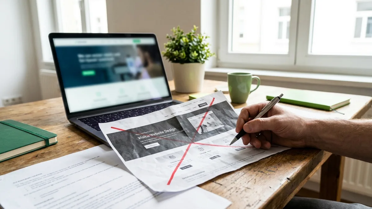 Alte Website-Ausdrucke neben dem Laptop mit dem neuen Design