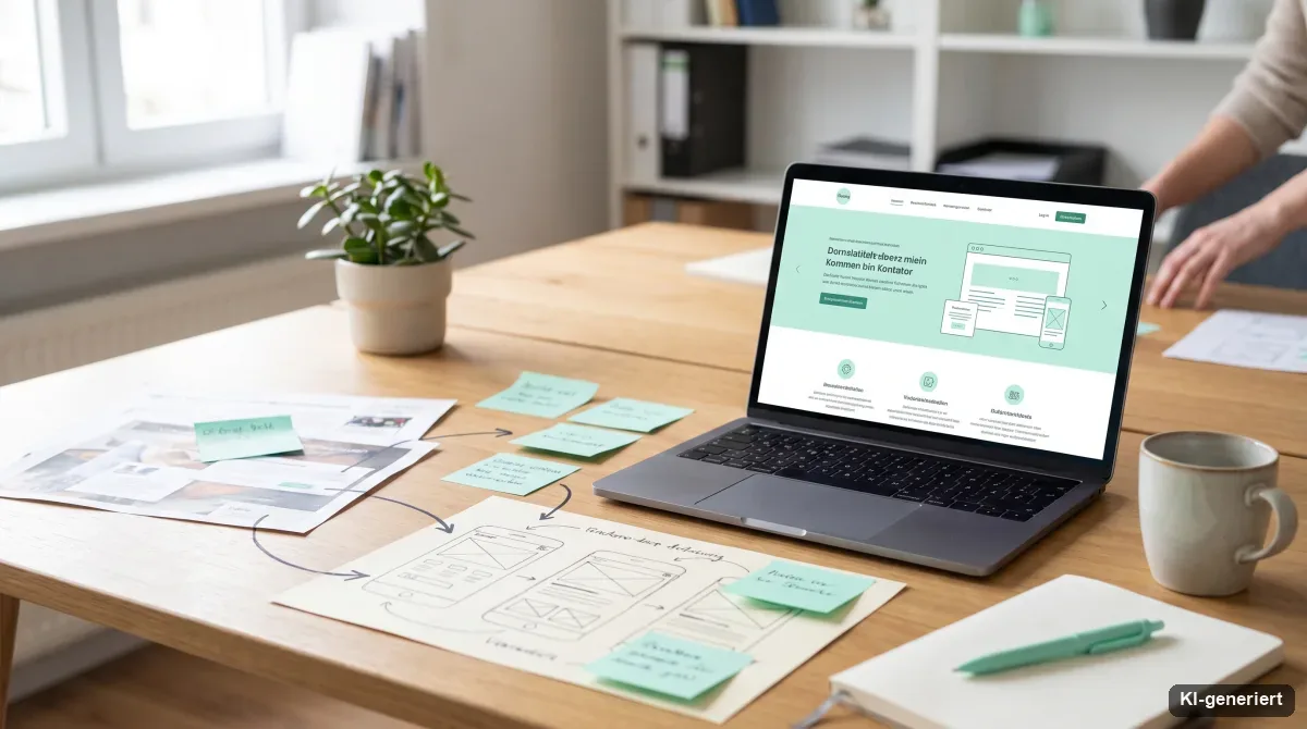 Schreibtisch mit Laptop und Wireframe-Notizen zur Planung eines Website-Relaunch