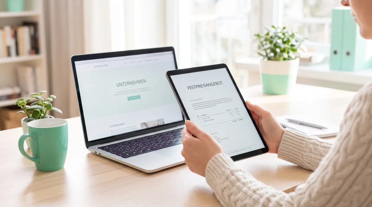 Unternehmerin prüft ein Festpreis-Angebot für eine Website am Tablet