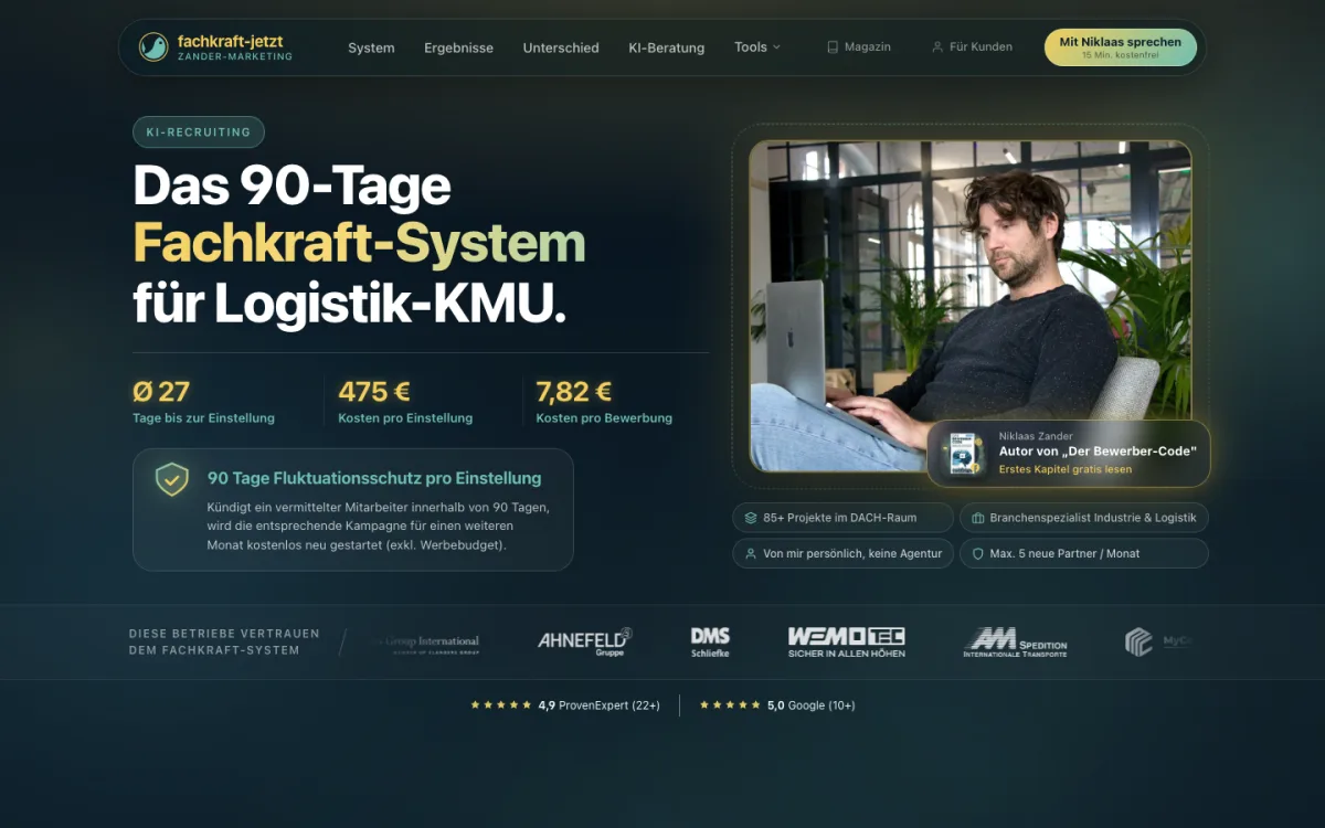 Fachkraft-Jetzt Recruiting-Website mit Kennzahlen im Hero